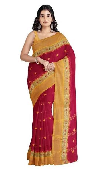 Women's Pure Cotton Woven Tant Traditional Bengal Handloom Saree Without Blouse Piece