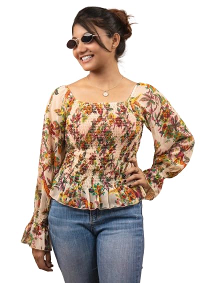 Shagun Creation Square Neck Polyester Floral Printed Smocked Puff Top for Girls and Women