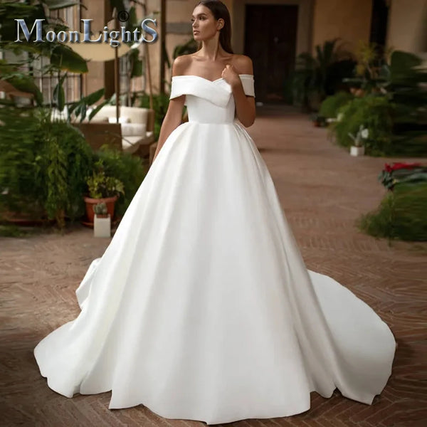 MoonlightShadow Off The Shoulder Wedding Dresses Bride Gown A-line Bridal Gowns Court Train Button Plain Vestido De Novia